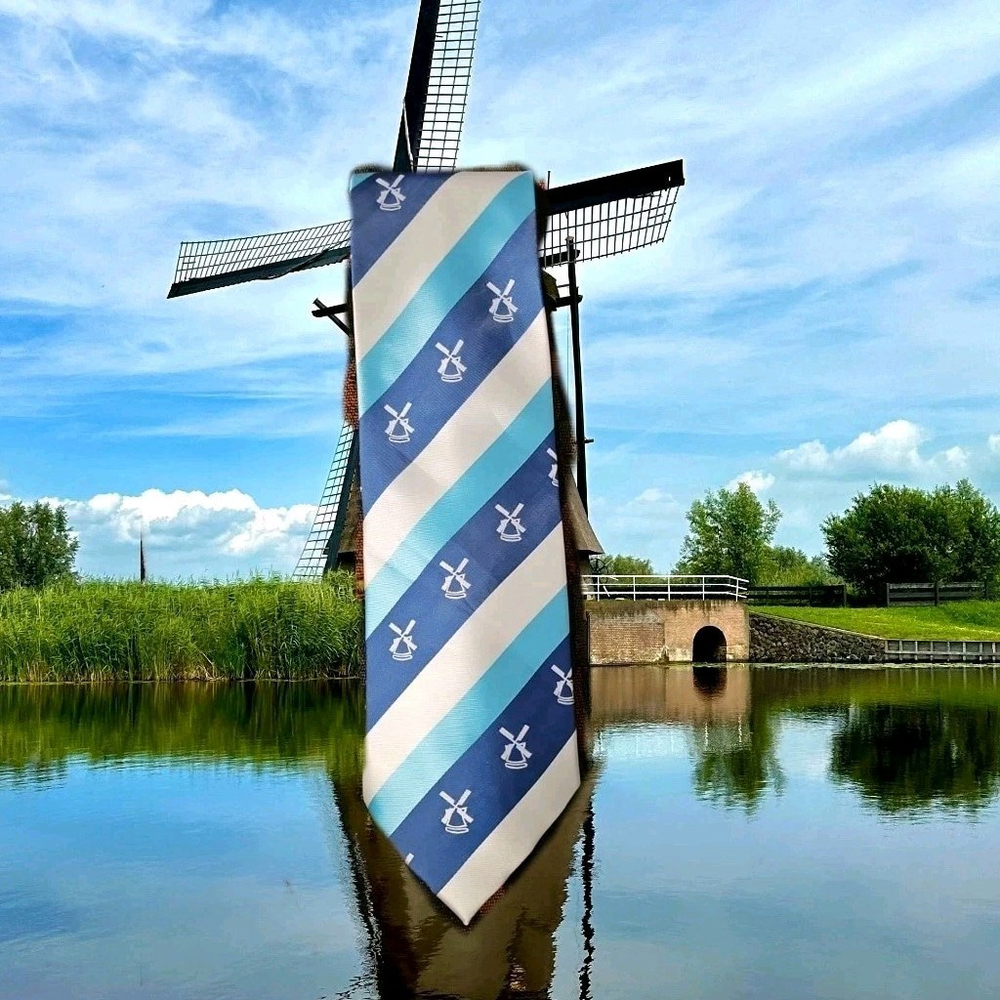 Robin Ruth Tie Blue & White With Windmills Amsterdam New W/ Tags Artificial Silk